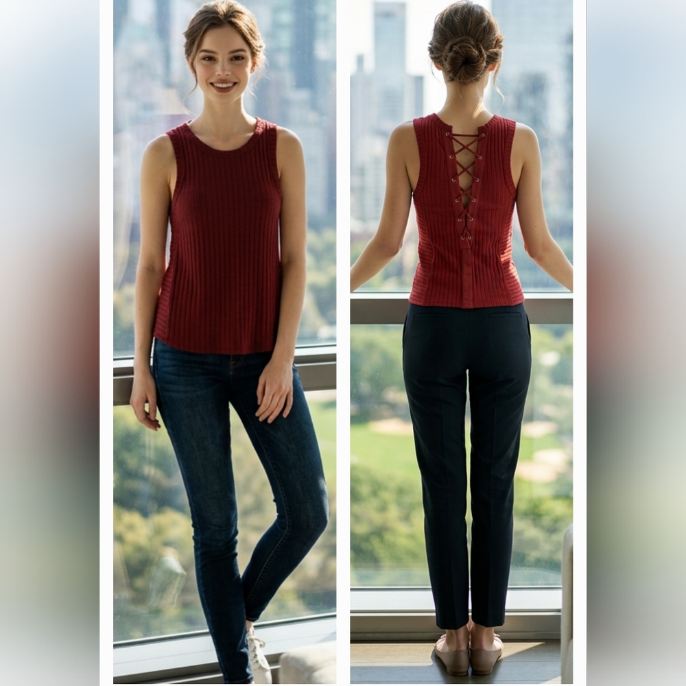 Free People Check It Out Ribbed Tank Top Criss Cross Back Cowboy Red. NWT. LARGE